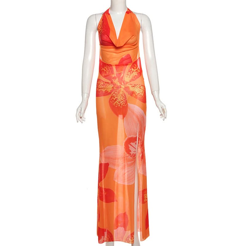 Escape to Paradise: Vibrant Tropical Bloom Halter Cowl Neck Maxi Dress with Thigh Slit