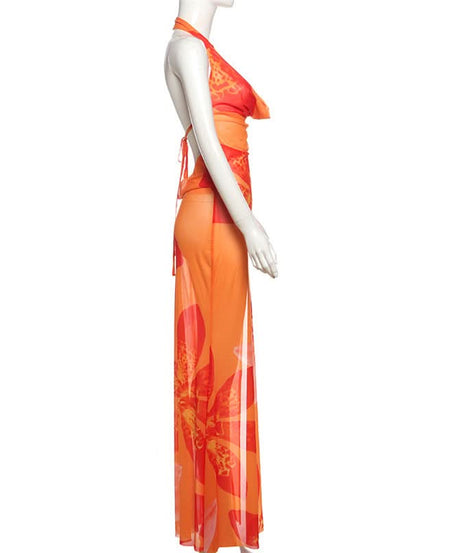 Escape to Paradise: Vibrant Tropical Bloom Halter Cowl Neck Maxi Dress with Thigh Slit