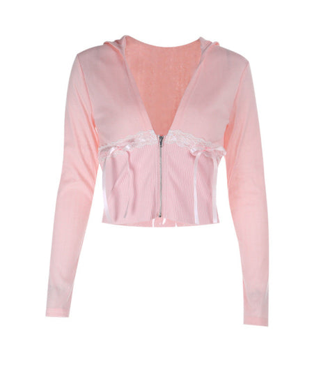 Sweet Coquette Pink Cropped Zip-Up Hoodie with Lace & Bows – Y2K Fall Fashion