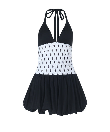 Effortless Chic: Polka Dot Halter Mini Dress - Flattering Smocked Waist for Fall Getaways & Date Nights
