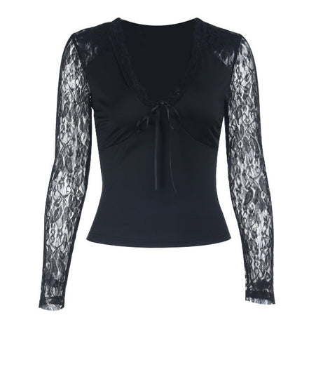 Alluring Black Lace Tie-Front V-Neck Top - Fall Fashion Long Sleeve Blouse