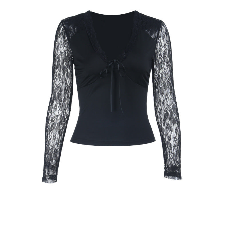 Alluring Black Lace Tie-Front V-Neck Top - Fall Fashion Long Sleeve Blouse