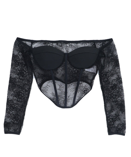 Seductive Black Lace Corset Top - Off-Shoulder Long Sleeve for Fall & Holiday Glamour
