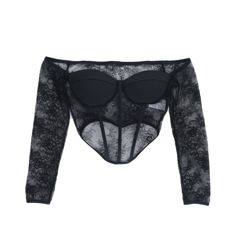 Seductive Black Lace Corset Top - Off-Shoulder Long Sleeve for Fall & Holiday Glamour