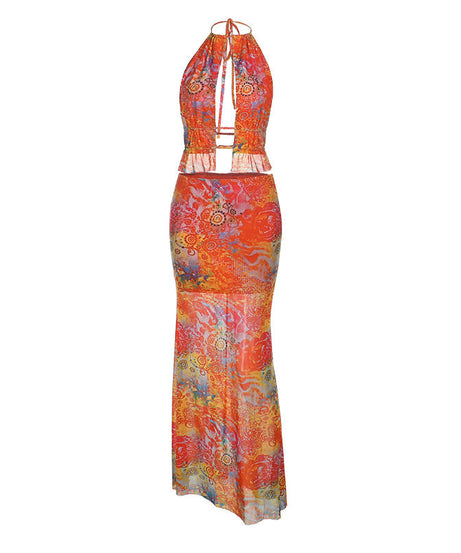 Vibrant Psychedelic Halter Maxi Skirt Set - Your Chic Tropical Getaway & Resort Look