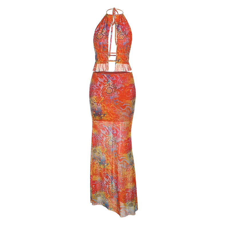Vibrant Psychedelic Halter Maxi Skirt Set - Your Chic Tropical Getaway & Resort Look