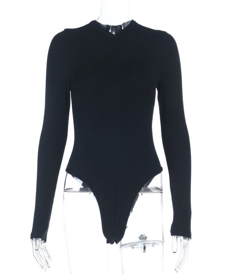 Sleek & Versatile: Black Ribbed Long Sleeve Quarter-Zip Bodysuit - Fall Wardrobe Essential