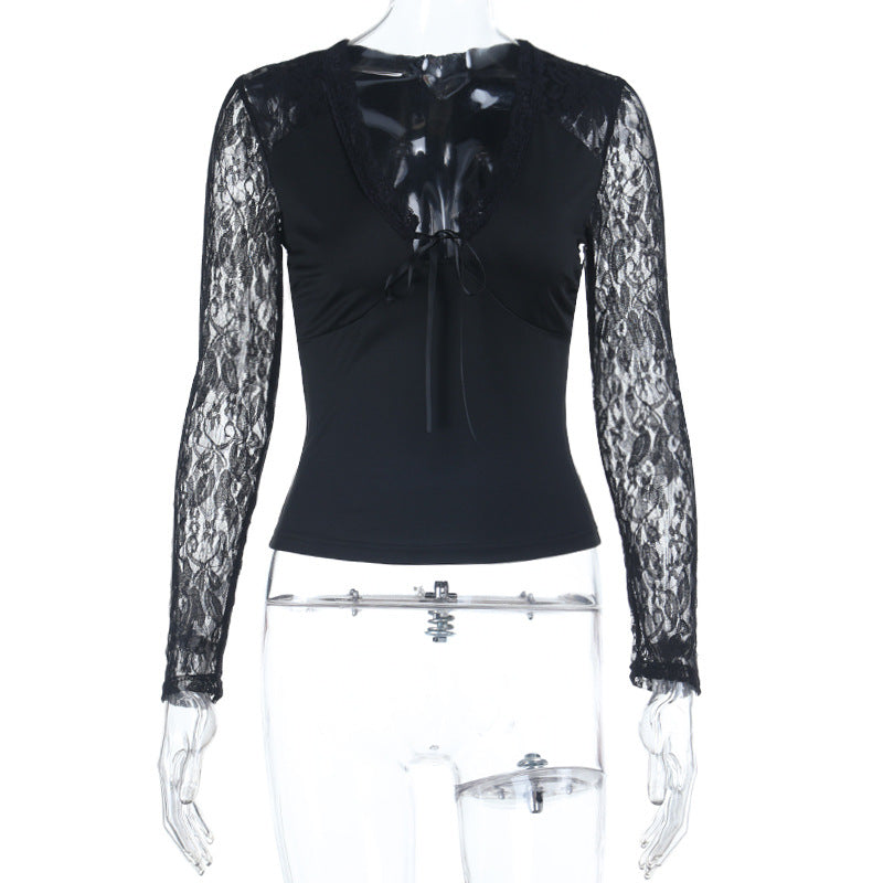 Alluring Black Lace Tie-Front V-Neck Top - Fall Fashion Long Sleeve Blouse