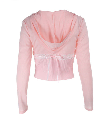 Sweet Coquette Pink Cropped Zip-Up Hoodie with Lace & Bows – Y2K Fall Fashion