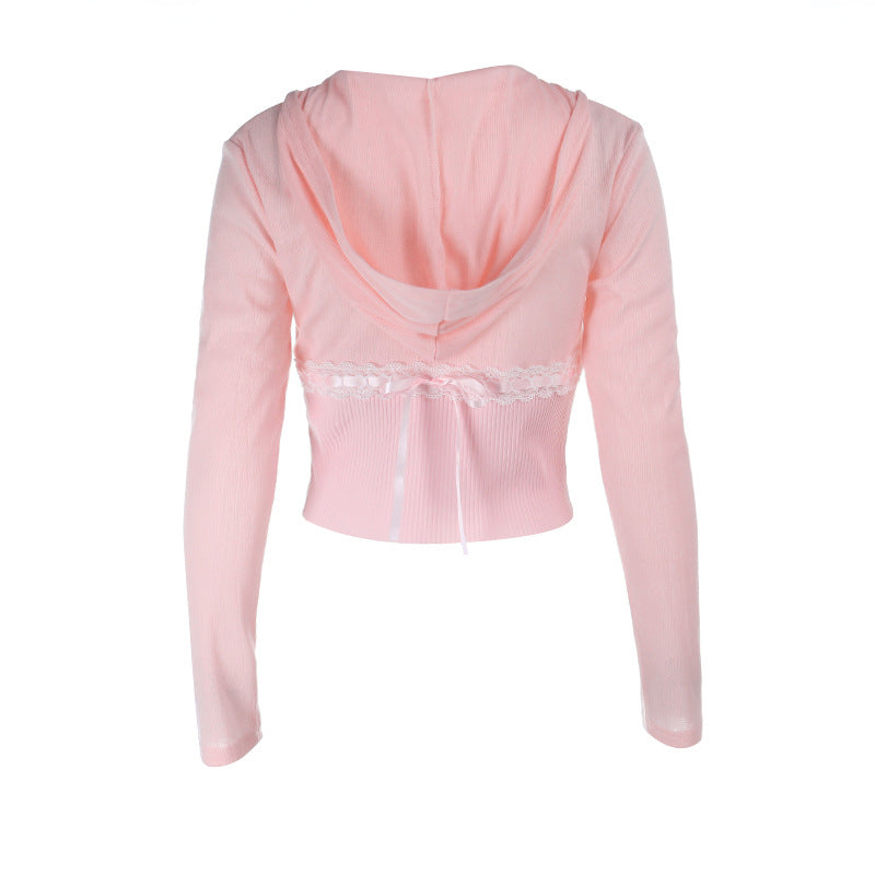 Sweet Coquette Pink Cropped Zip-Up Hoodie with Lace & Bows – Y2K Fall Fashion