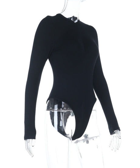 Sleek & Versatile: Black Ribbed Long Sleeve Quarter-Zip Bodysuit - Fall Wardrobe Essential