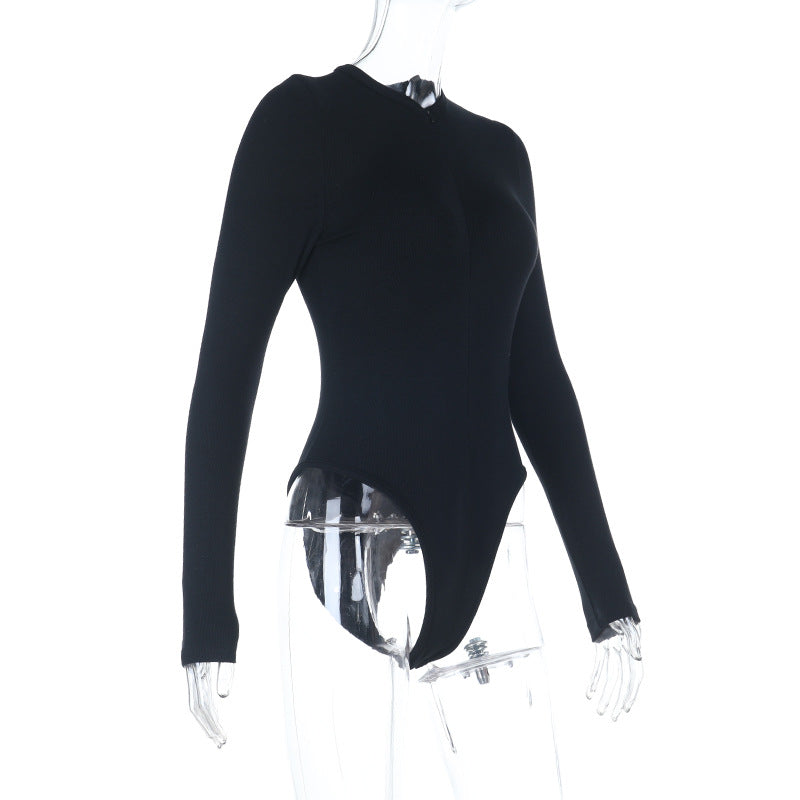 Sleek & Versatile: Black Ribbed Long Sleeve Quarter-Zip Bodysuit - Fall Wardrobe Essential