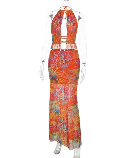 Vibrant Psychedelic Halter Maxi Skirt Set - Your Chic Tropical Getaway & Resort Look