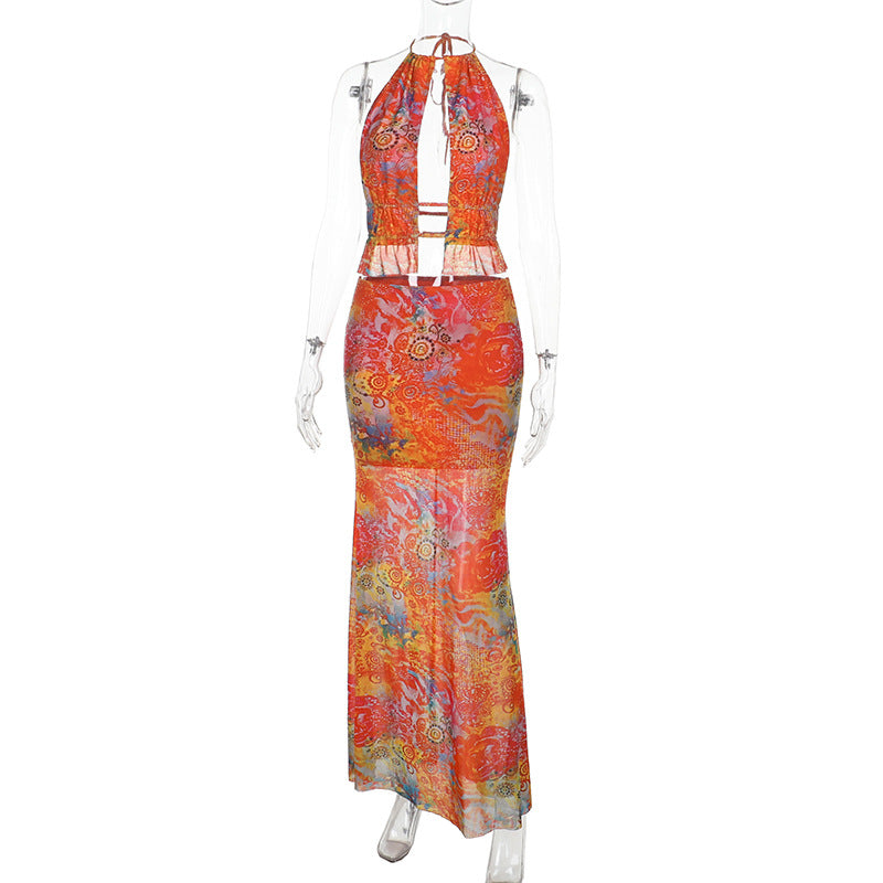 Vibrant Psychedelic Halter Maxi Skirt Set - Your Chic Tropical Getaway & Resort Look