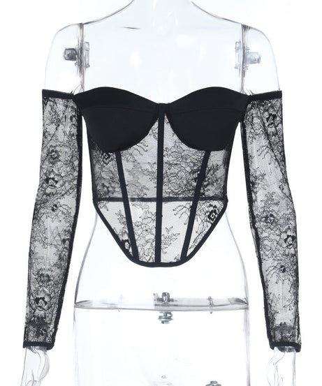 Seductive Black Lace Corset Top - Off-Shoulder Long Sleeve for Fall & Holiday Glamour