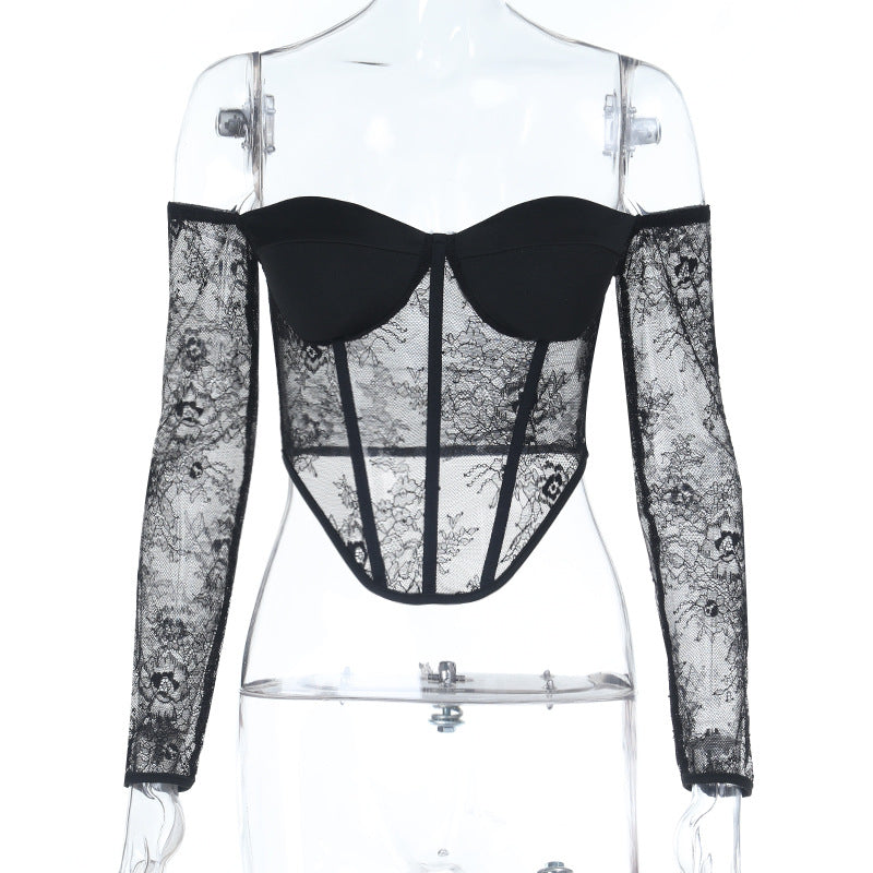 Seductive Black Lace Corset Top - Off-Shoulder Long Sleeve for Fall & Holiday Glamour