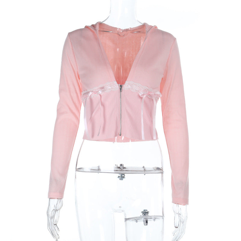 Sweet Coquette Pink Cropped Zip-Up Hoodie with Lace & Bows – Y2K Fall Fashion