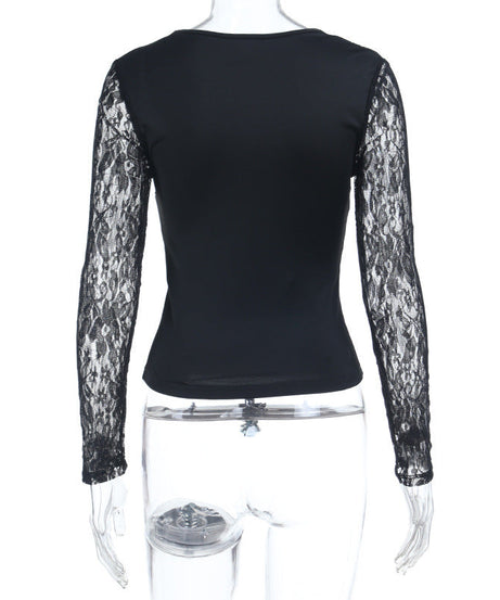 Alluring Black Lace Tie-Front V-Neck Top - Fall Fashion Long Sleeve Blouse