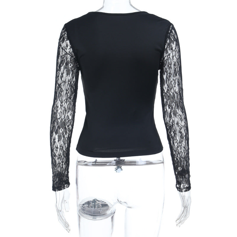Alluring Black Lace Tie-Front V-Neck Top - Fall Fashion Long Sleeve Blouse
