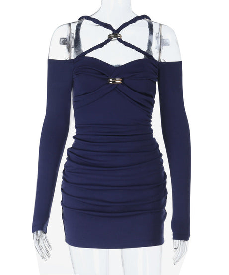 Chic Allure Navy Ruched Mini Dress: Off-Shoulder Halter & Gold Accent | Fall & Holiday Ready