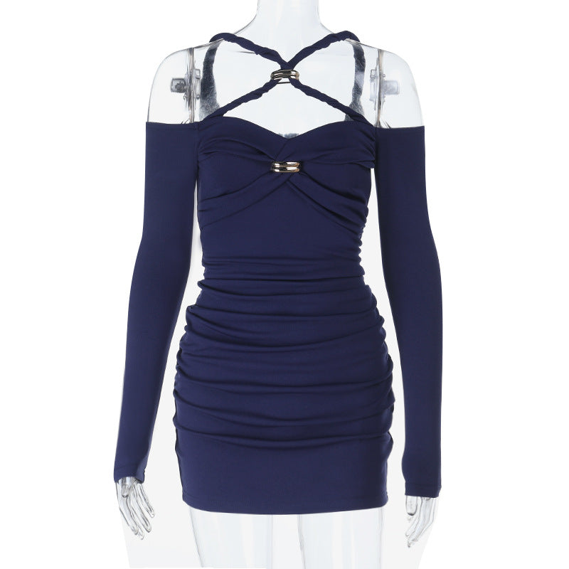 Chic Allure Navy Ruched Mini Dress: Off-Shoulder Halter & Gold Accent | Fall & Holiday Ready