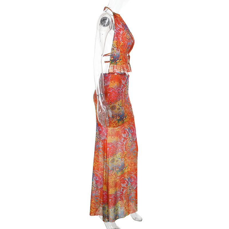 Vibrant Psychedelic Halter Maxi Skirt Set - Your Chic Tropical Getaway & Resort Look