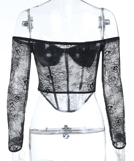 Seductive Black Lace Corset Top - Off-Shoulder Long Sleeve for Fall & Holiday Glamour