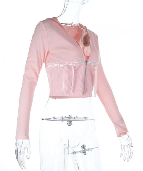 Sweet Coquette Pink Cropped Zip-Up Hoodie with Lace & Bows – Y2K Fall Fashion