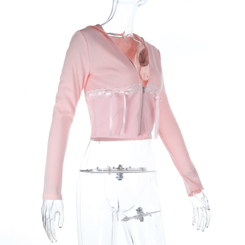Sweet Coquette Pink Cropped Zip-Up Hoodie with Lace & Bows – Y2K Fall Fashion