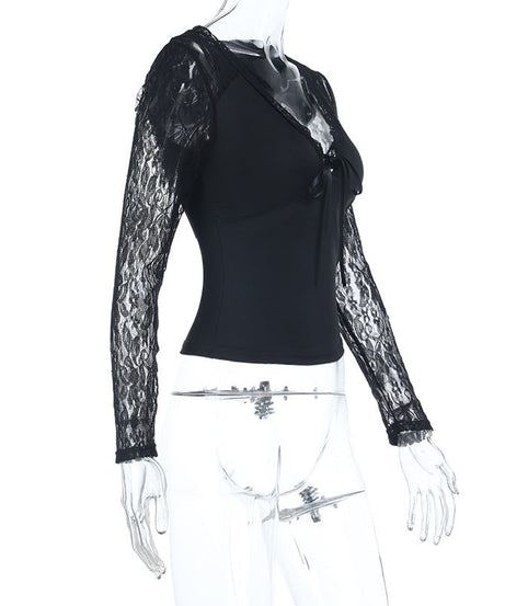 Alluring Black Lace Tie-Front V-Neck Top - Fall Fashion Long Sleeve Blouse