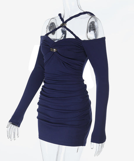 Chic Allure Navy Ruched Mini Dress: Off-Shoulder Halter & Gold Accent | Fall & Holiday Ready