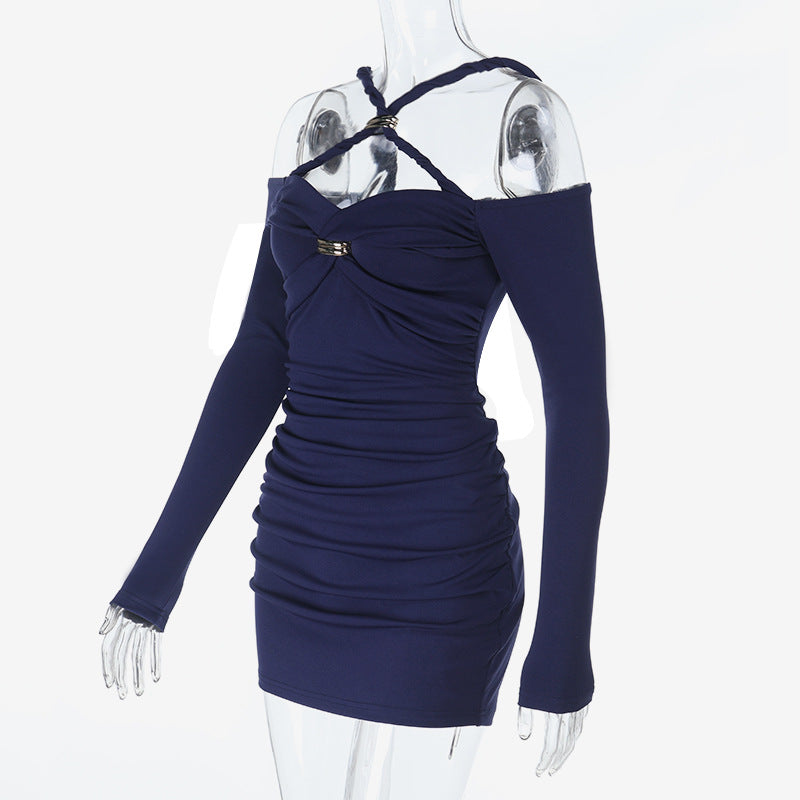Chic Allure Navy Ruched Mini Dress: Off-Shoulder Halter & Gold Accent | Fall & Holiday Ready