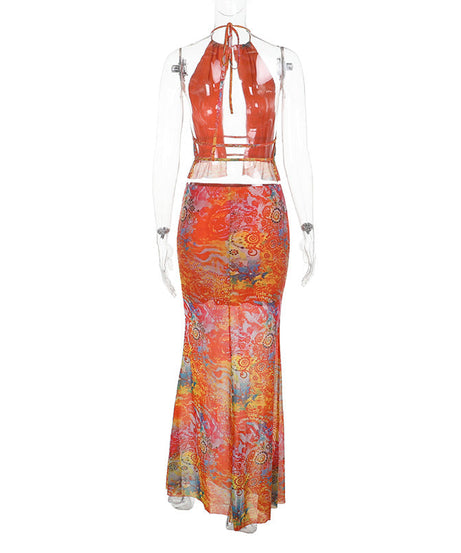 Vibrant Psychedelic Halter Maxi Skirt Set - Your Chic Tropical Getaway & Resort Look