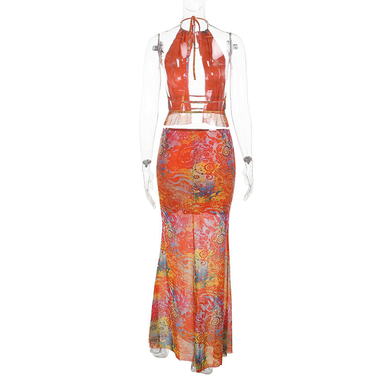 Vibrant Psychedelic Halter Maxi Skirt Set - Your Chic Tropical Getaway & Resort Look