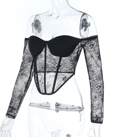 Seductive Black Lace Corset Top - Off-Shoulder Long Sleeve for Fall & Holiday Glamour