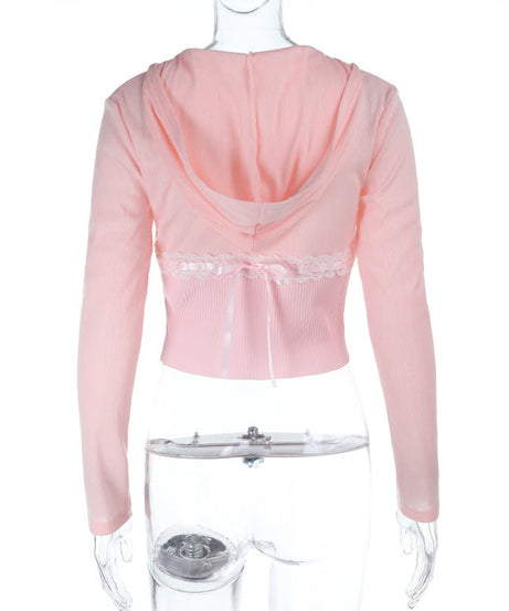 Sweet Coquette Pink Cropped Zip-Up Hoodie with Lace & Bows – Y2K Fall Fashion