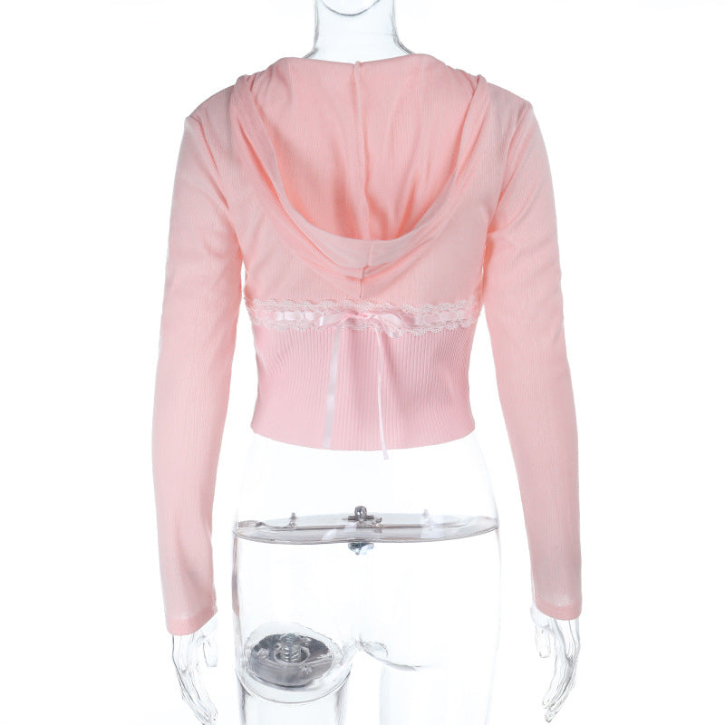 Sweet Coquette Pink Cropped Zip-Up Hoodie with Lace & Bows – Y2K Fall Fashion