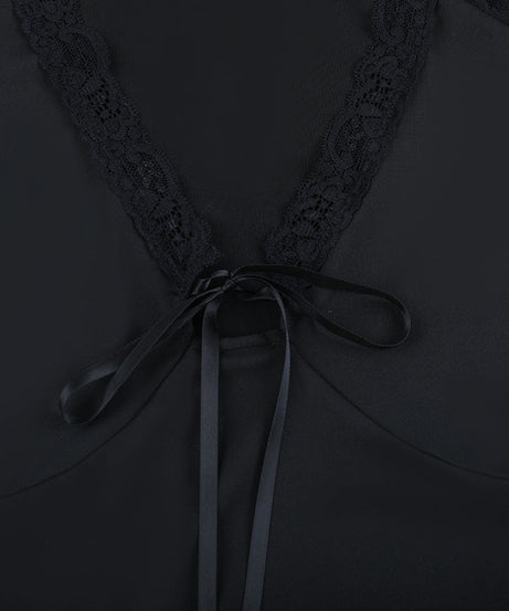 Alluring Black Lace Tie-Front V-Neck Top - Fall Fashion Long Sleeve Blouse