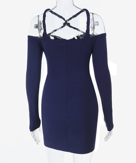 Chic Allure Navy Ruched Mini Dress: Off-Shoulder Halter & Gold Accent | Fall & Holiday Ready