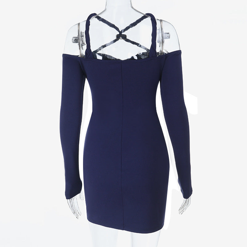 Chic Allure Navy Ruched Mini Dress: Off-Shoulder Halter & Gold Accent | Fall & Holiday Ready