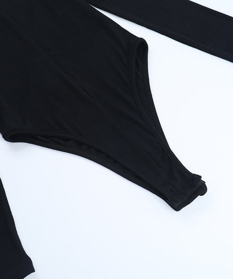 Sleek & Versatile: Black Ribbed Long Sleeve Quarter-Zip Bodysuit - Fall Wardrobe Essential