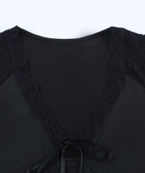 Alluring Black Lace Tie-Front V-Neck Top - Fall Fashion Long Sleeve Blouse