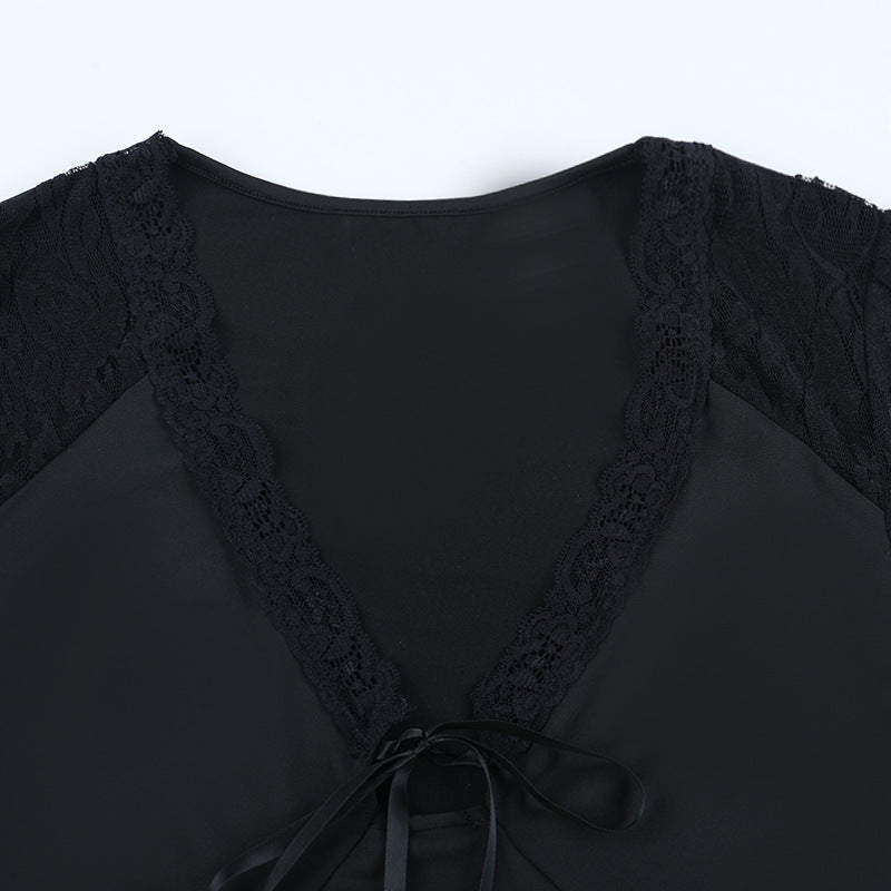 Alluring Black Lace Tie-Front V-Neck Top - Fall Fashion Long Sleeve Blouse