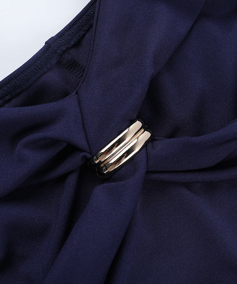 Chic Allure Navy Ruched Mini Dress: Off-Shoulder Halter & Gold Accent | Fall & Holiday Ready