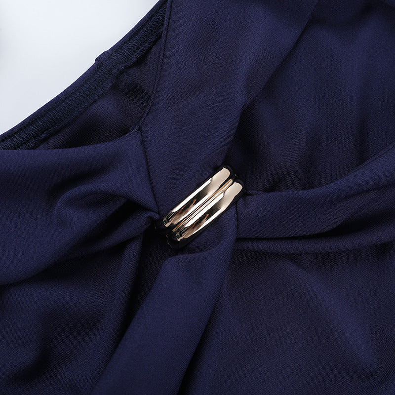 Chic Allure Navy Ruched Mini Dress: Off-Shoulder Halter & Gold Accent | Fall & Holiday Ready