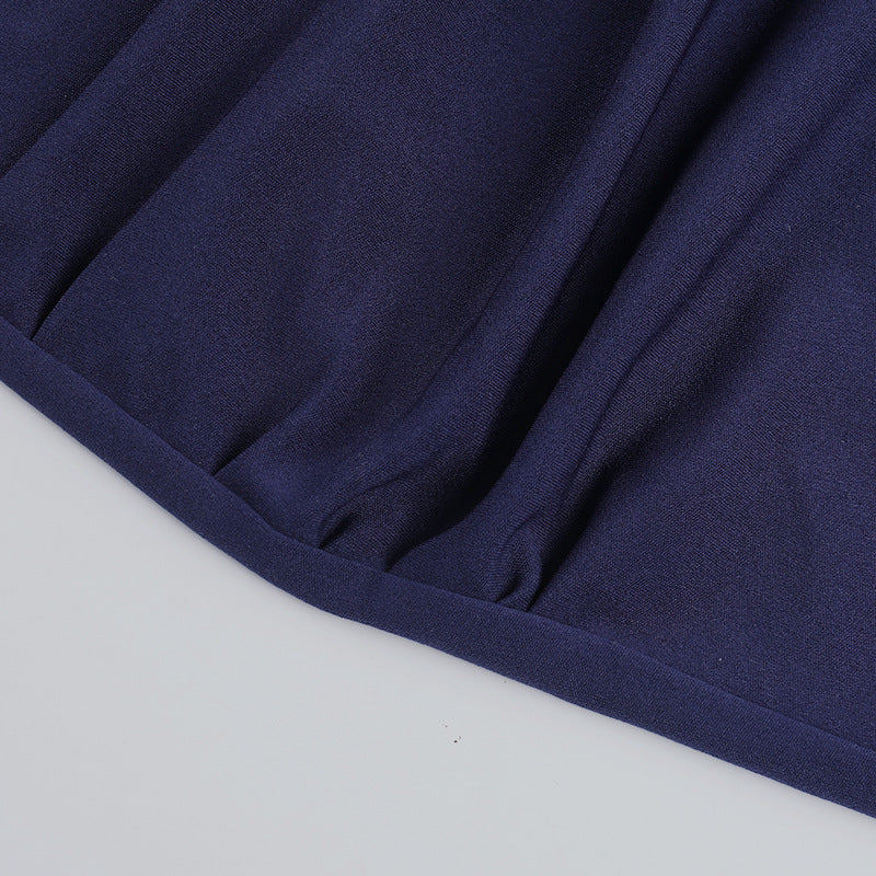 Chic Allure Navy Ruched Mini Dress: Off-Shoulder Halter & Gold Accent | Fall & Holiday Ready