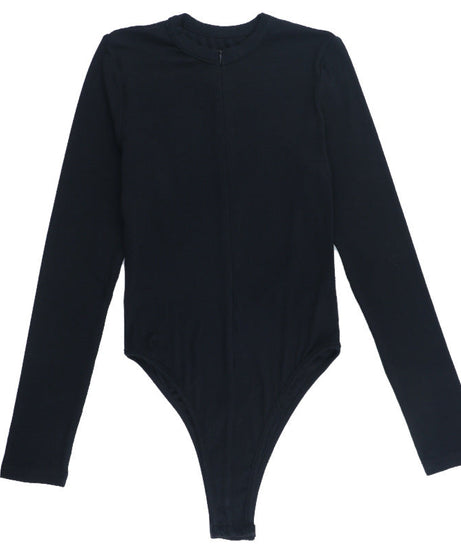 Sleek & Versatile: Black Ribbed Long Sleeve Quarter-Zip Bodysuit - Fall Wardrobe Essential