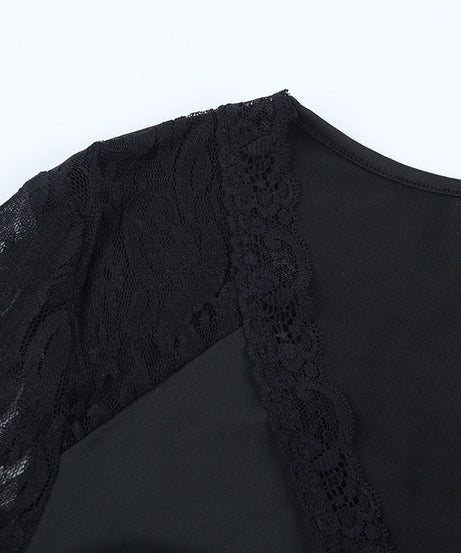 Alluring Black Lace Tie-Front V-Neck Top - Fall Fashion Long Sleeve Blouse
