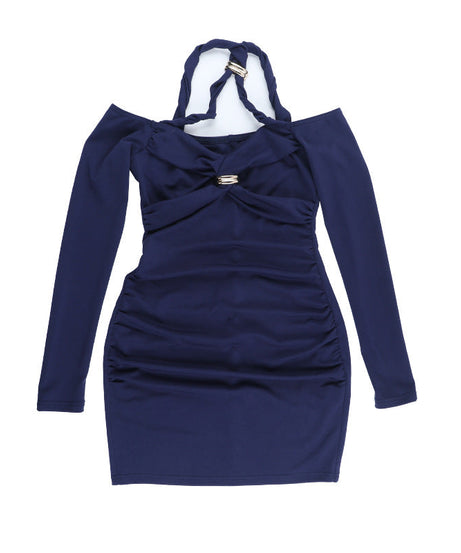 Chic Allure Navy Ruched Mini Dress: Off-Shoulder Halter & Gold Accent | Fall & Holiday Ready