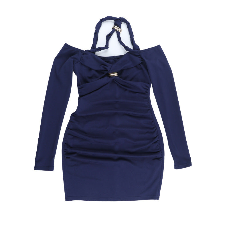 Chic Allure Navy Ruched Mini Dress: Off-Shoulder Halter & Gold Accent | Fall & Holiday Ready